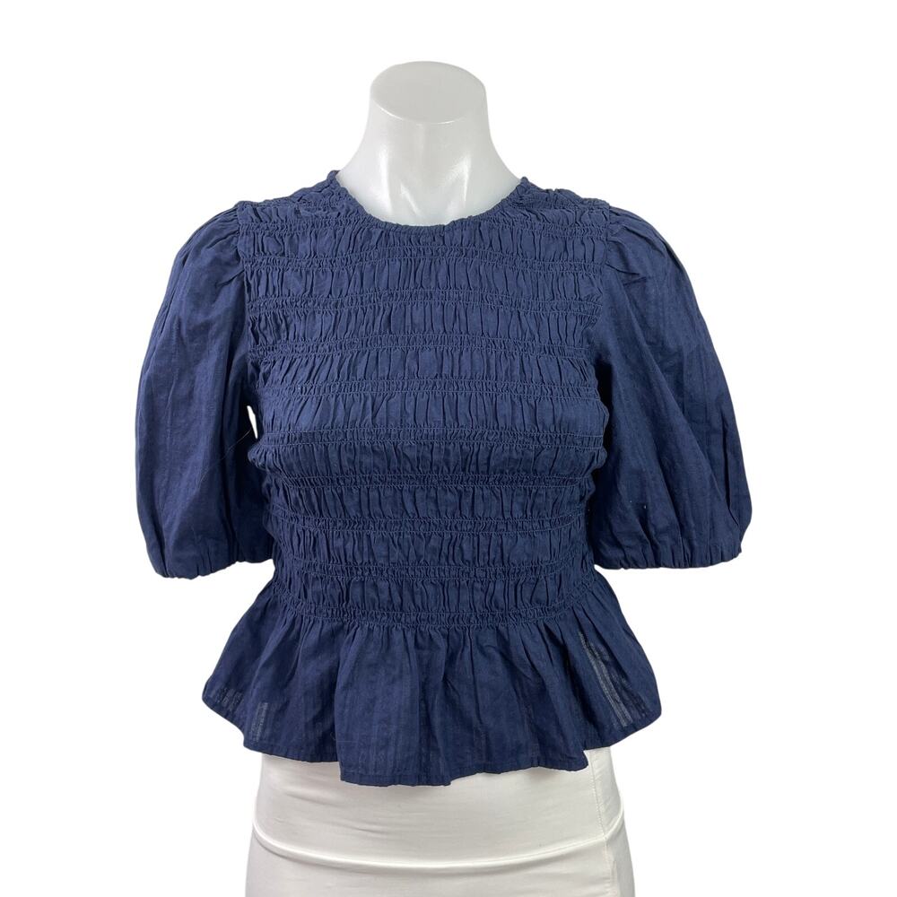 Old Navy Women's Navy Blue Short Puff Sleeve Smocked Peplum Blouse Top Size XS